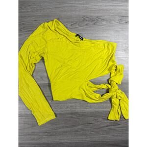 Fashion Nova one-sleeve, side-tie crop top in a bright yellow